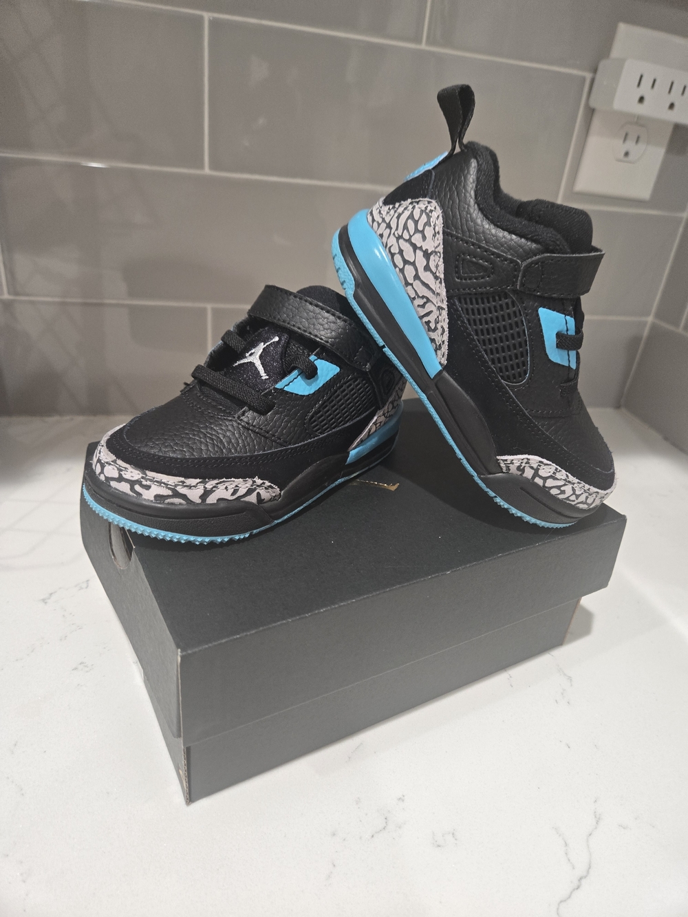 Jordan Kids Black and Blue Print Sneakers In Original Box And Jordan Sticker